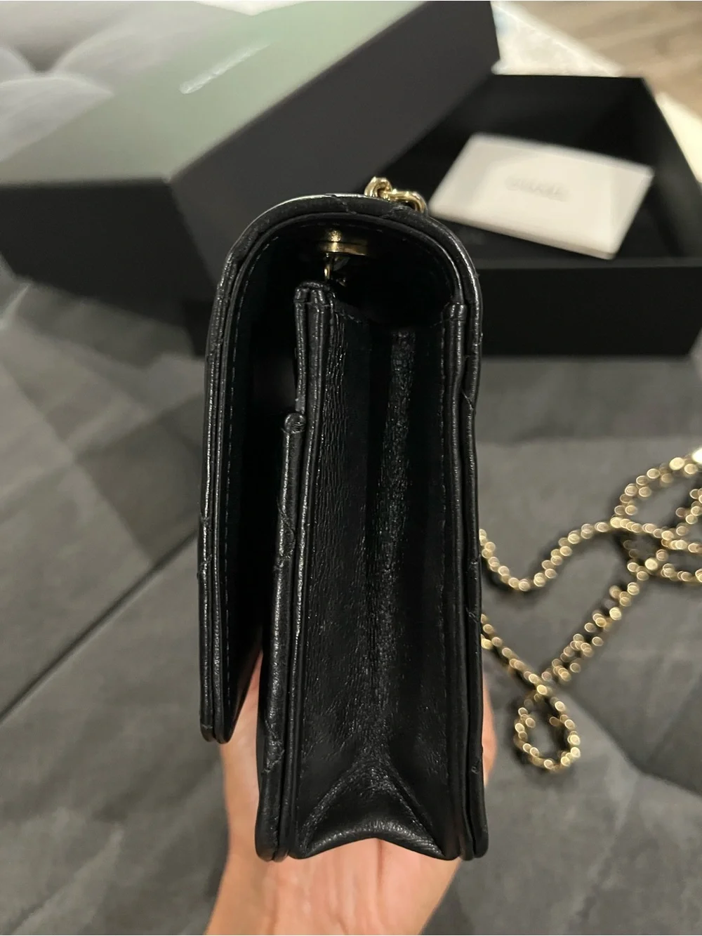 Authentic CHANEL Wallet On Chain with Light Gold Hardware